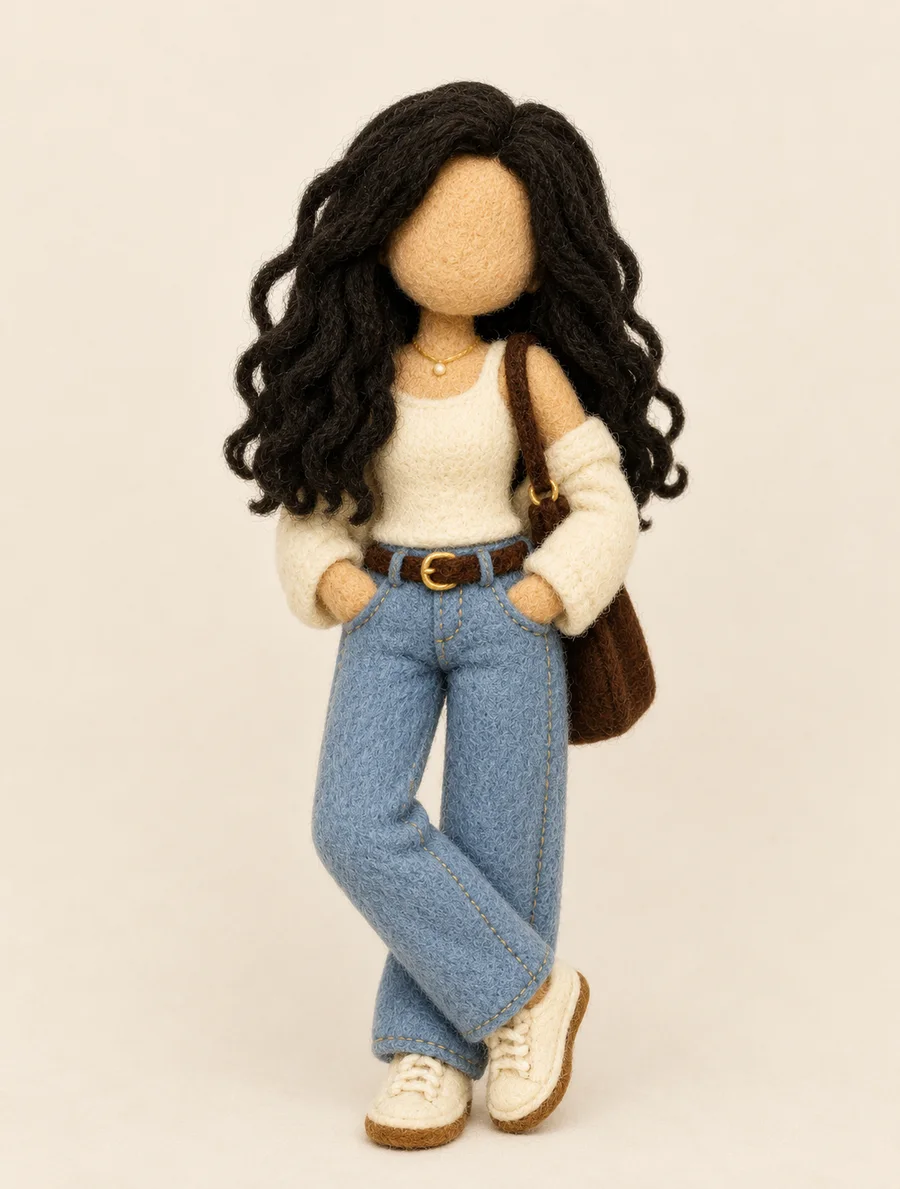 Handmade textile doll styled in Jimena's signature look